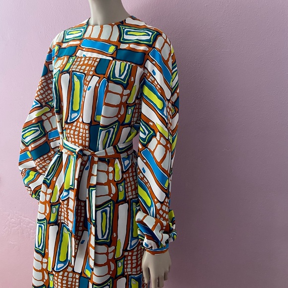 Vintage 70s Print Dress with Billowy Sleeve Size M - Picture 3 of 6